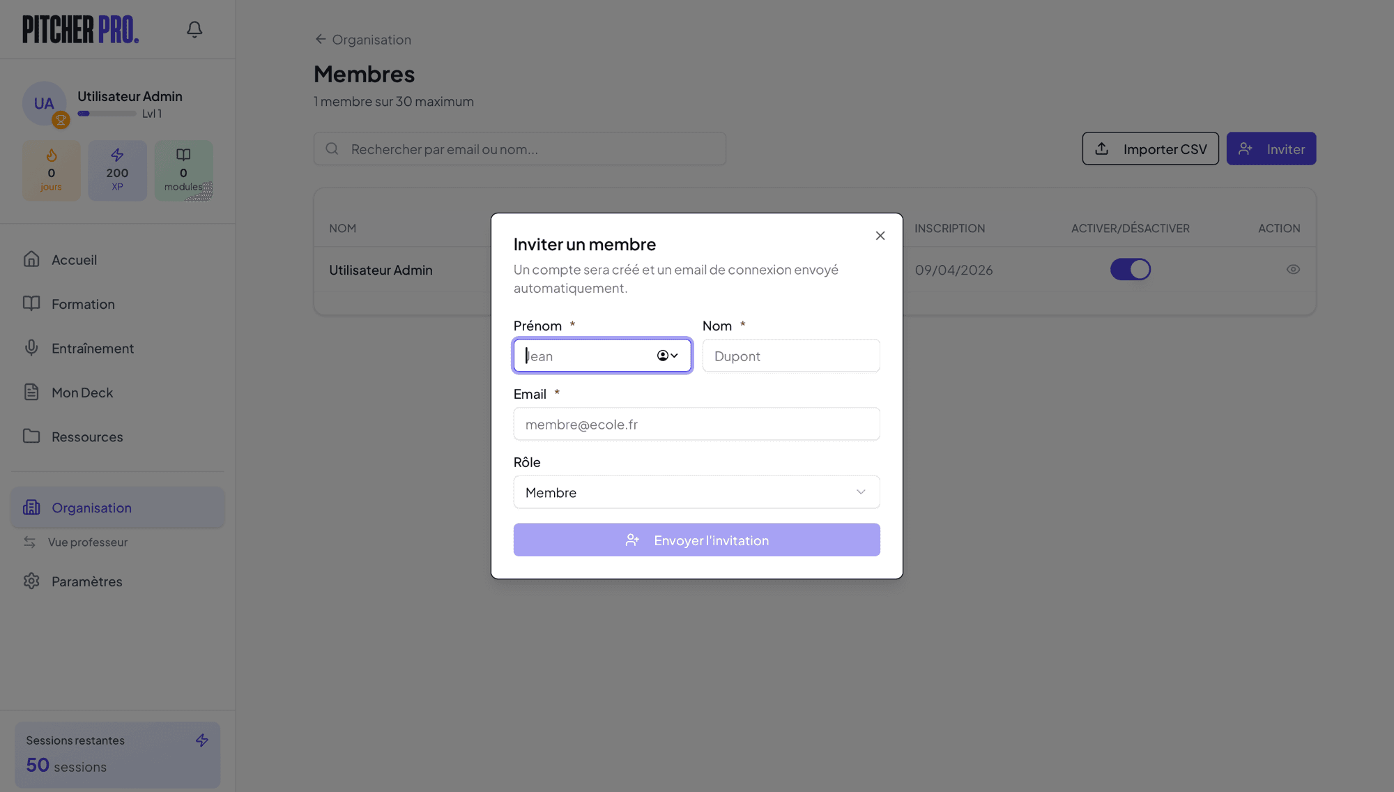 Page d'invitation de membres dans PitcherPro
